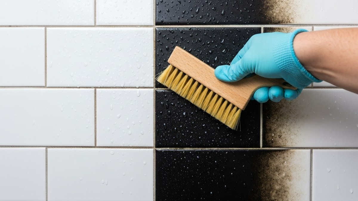 Gloved hand using a stiff brush to clean grout blackened by shower mold