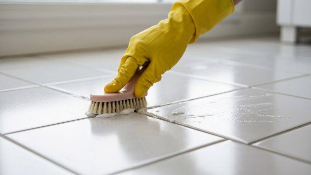 Gloved hand scrubbing grout lines on a tiled floor to clean grout