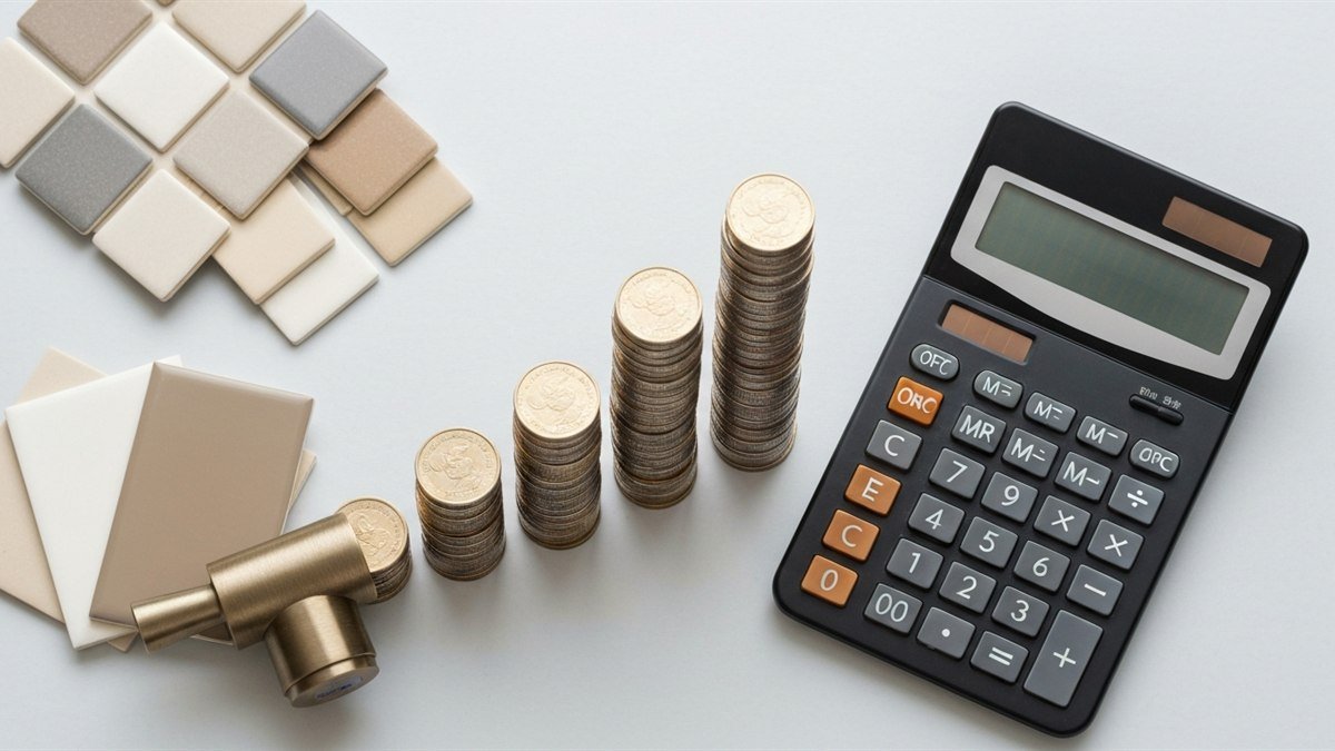 Rising coin stacks and a calculator beside bathroom tile samples and a brass faucet, representing how allowance numbers drive a bathroom remodel bid