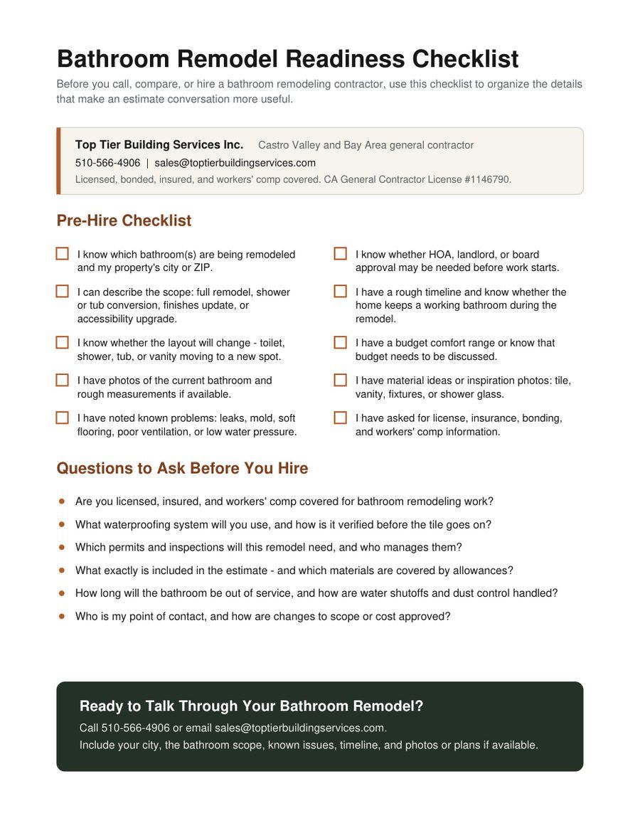 Preview of the printable Top Tier Bathroom Remodel Readiness Checklist with pre-hire checkboxes and the six questions to ask before you hire