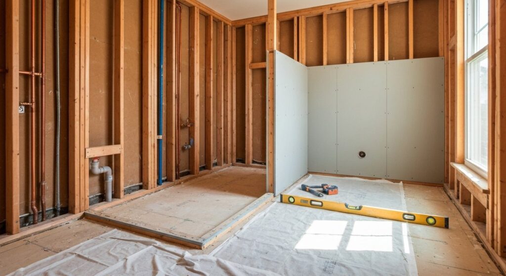 Bathroom remodel opened to bare studs with copper supply lines, new backer board and a level, the stage where hiring questions still matter