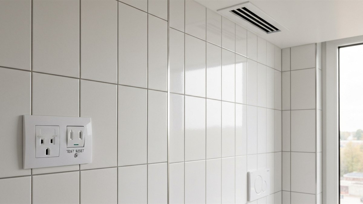 GFCI protected outlet on a white tiled bathroom wall with a ceiling exhaust vent above, the code details California bathroom inspections verify