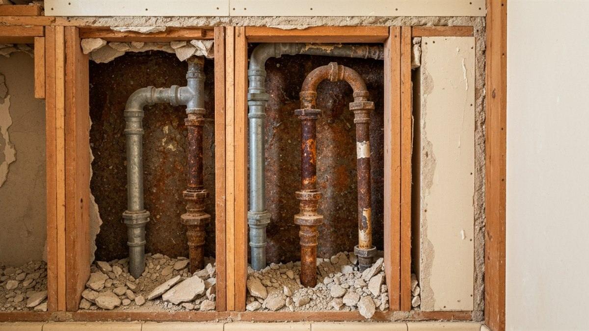 Opened bathroom wall revealing corroded galvanized and rusted drain pipes between studs, the hidden condition a bathroom remodel bid has to survive
