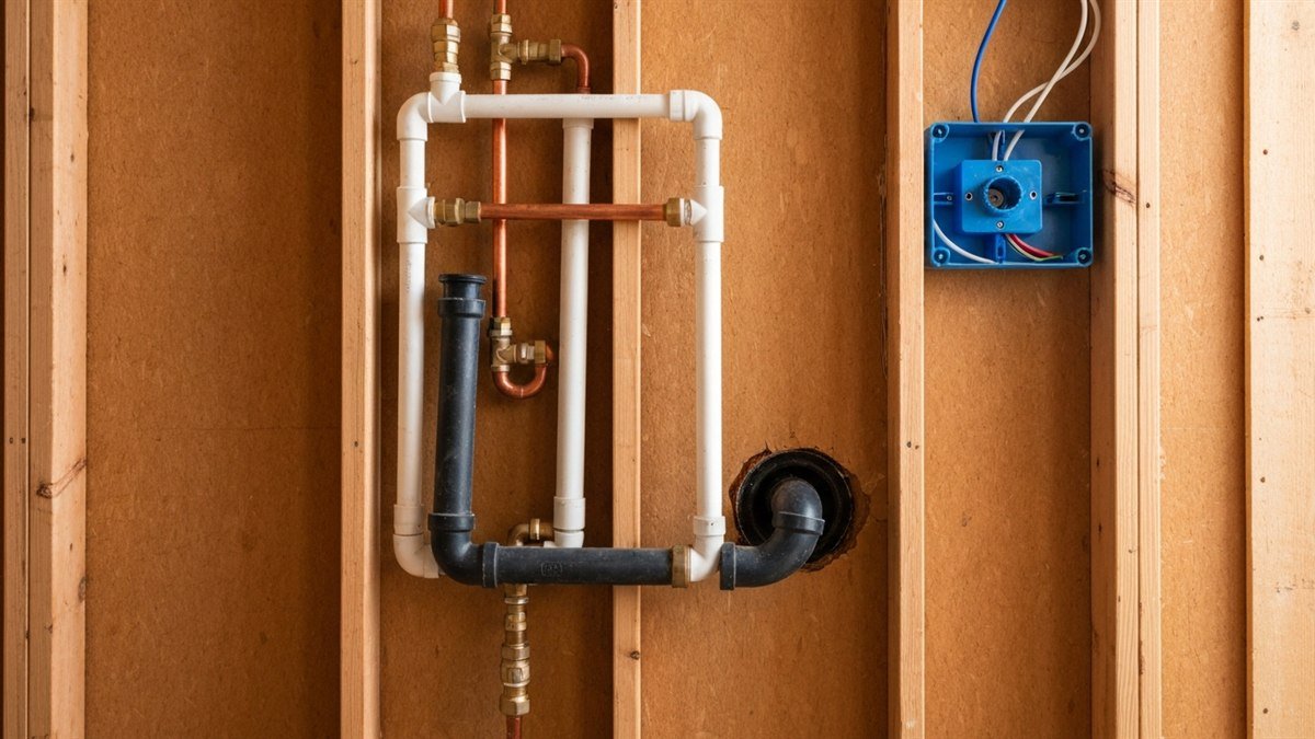 New bathroom plumbing rough-in with copper and PVC lines beside a blue electrical box between open studs, the work a rough inspection checks before walls close