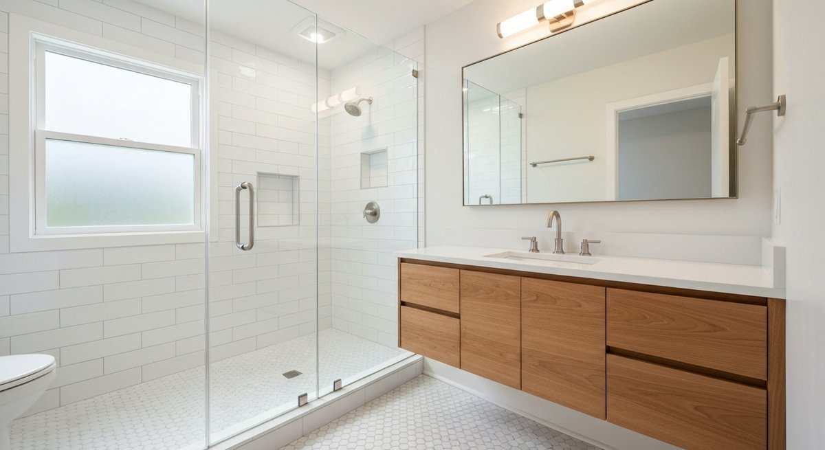 Finished modern bathroom with a glass walk-in shower and floating wood vanity, the end state a realistic bathroom remodel timeline actually delivers
