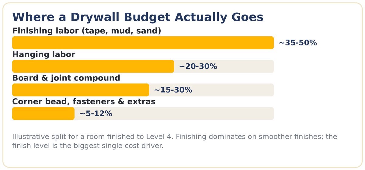 Chart showing where a drywall budget goes, with finishing labor the largest share