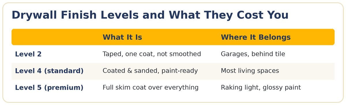 Table comparing drywall finish Level 2, Level 4, and Level 5 and where each belongs