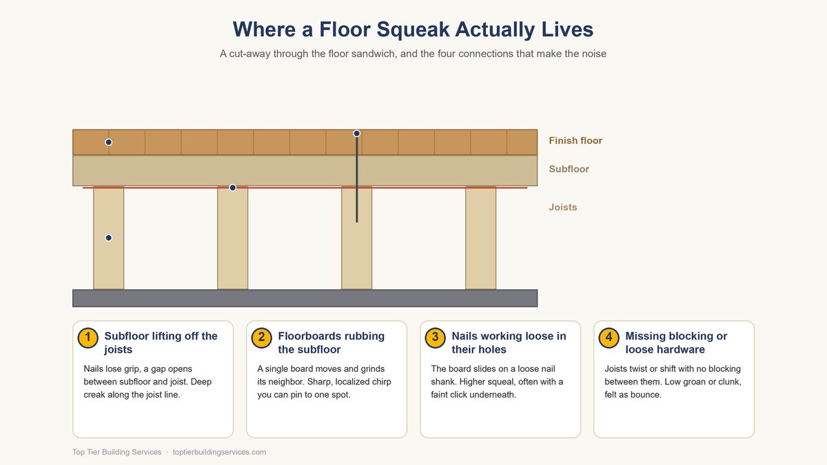 Labeled cutaway of a wood floor sandwich showing the four places a squeak lives: subfloor lifting off the joists, floorboards rubbing the subfloor, nails loose in their holes, and missing blocking between joists