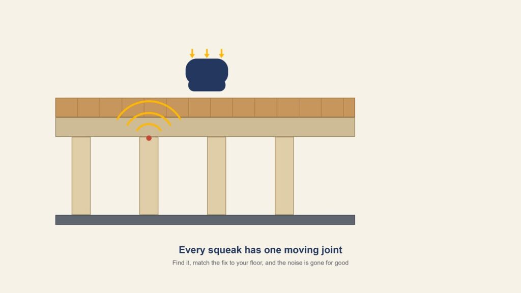 Cross-section illustration of a wood floor showing a footstep pressing down and sound waves rising from a loose joint between the subfloor and joist