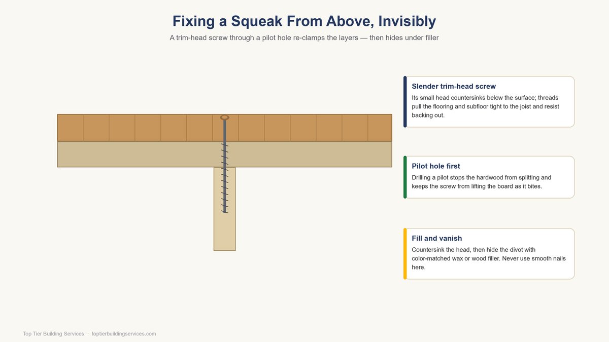 Cutaway showing a trim-head screw driven through hardwood and subfloor into a joist through a pilot hole, countersunk and hidden with filler