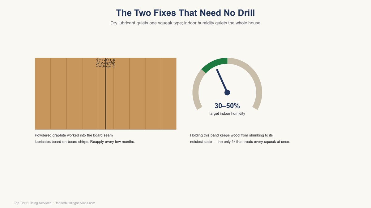 Two no-drill fixes: powdered graphite worked into a hardwood board seam, and a humidity gauge showing the 30 to 50 percent target indoor humidity band