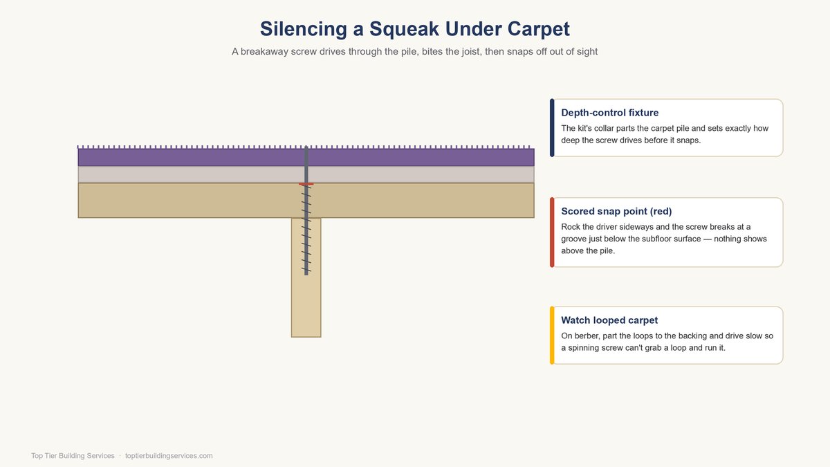 Cutaway of a breakaway squeak-repair screw driven through carpet and pad into a joist, with the scored snap point just below the subfloor surface