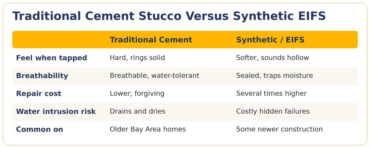 Comparison of traditional cement stucco versus synthetic EIFS across feel, breathability, repair cost, and water risk