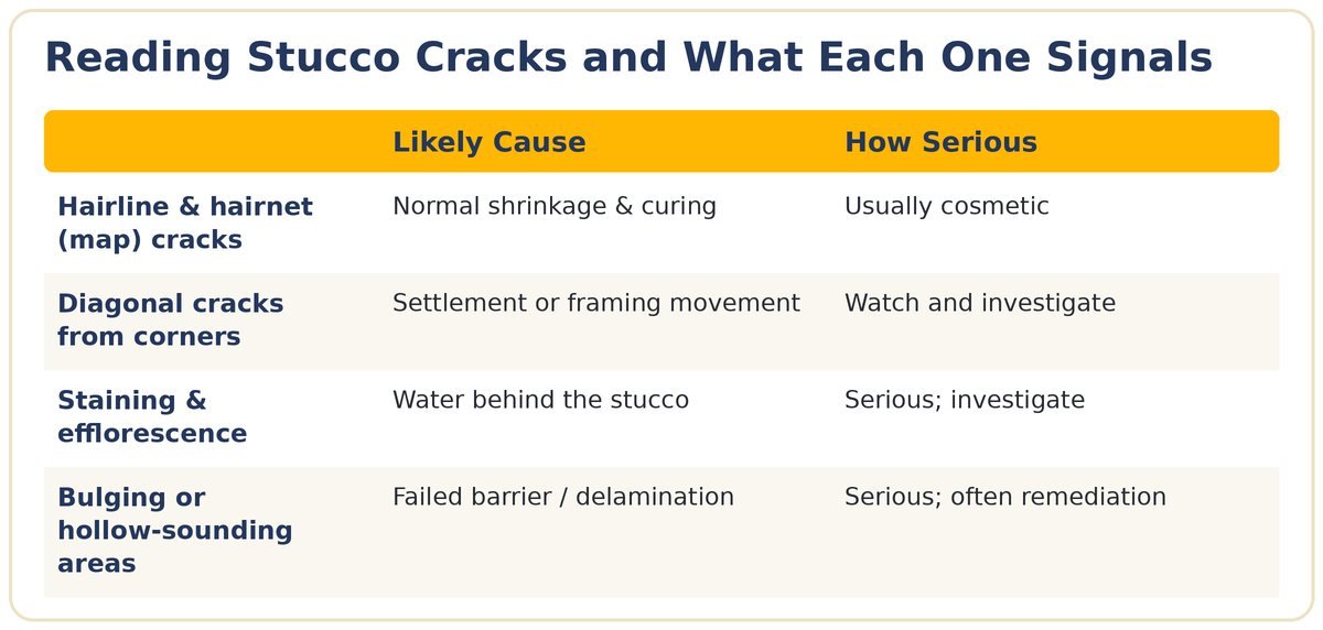 Table reading stucco crack types and what each one signals, from cosmetic hairline cracks to serious water intrusion